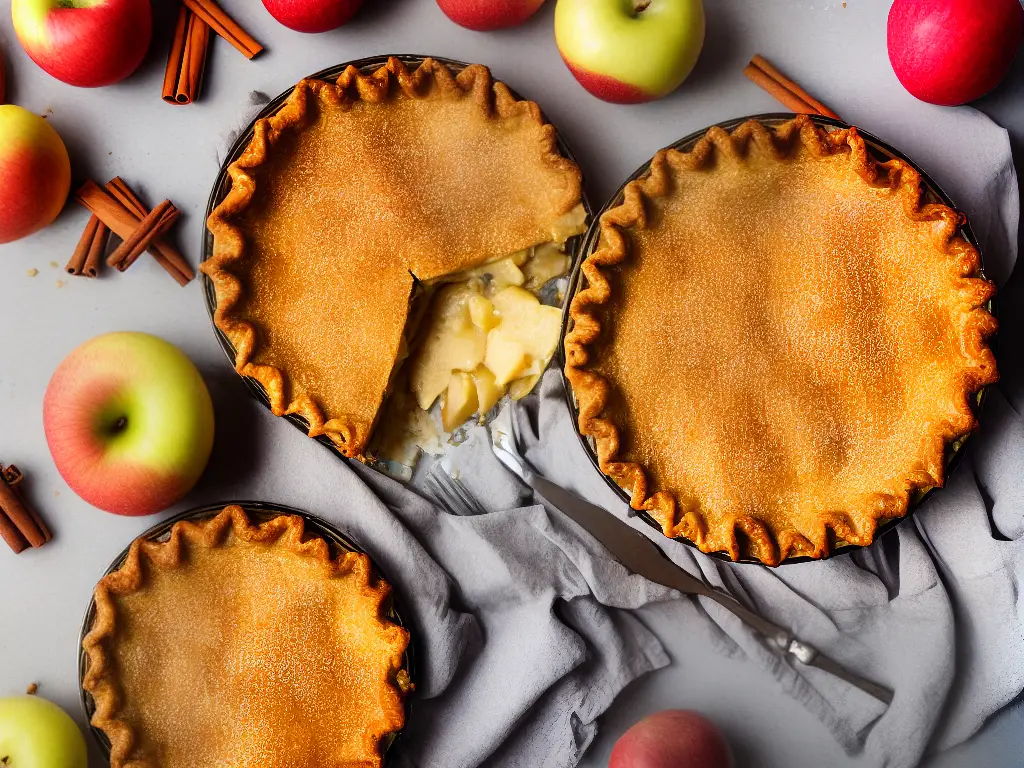 A freshly baked golden apple pie with a perfectly browned crust and a lattice pattern on top, sitting on a wooden table surrounded by sliced apples and cinnamon sticks.