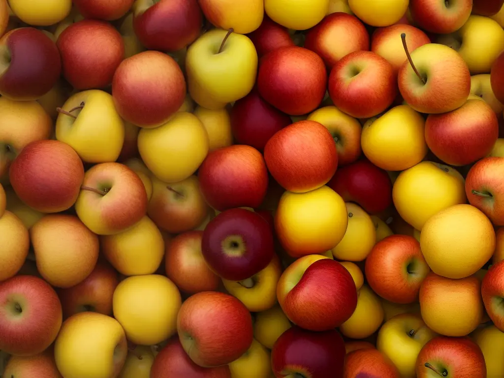 A basket filled with golden apples depicting the variety of colors such as golden yellow, orange, and red with some green and brown shades. The image showcases the various beautiful colors found in Golden Apples.