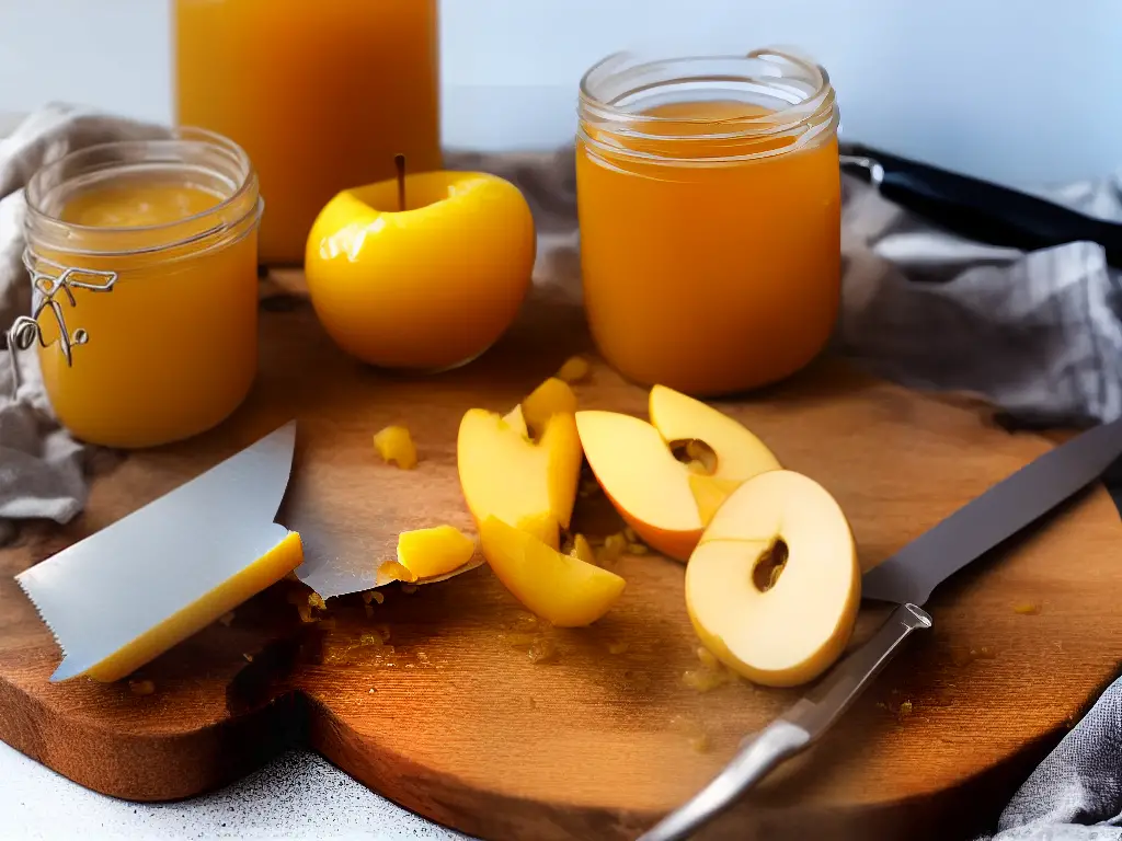 A jar of golden apple jam with a slice of golden apple on top on a kitchen counter with a knife and cutting board nearby.