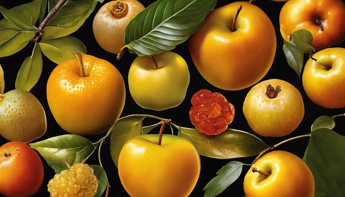 Various golden fruits including a Golden Delicious apple, a Golden Nugget mandarin, Golden Schisandra berries, Cloudberry, Mammea Americana, Bael fruit, and a Barbados Golden Apple. These fruits are visually stunning and represent the diverse range of 'Golden Apples' discussed in the text.