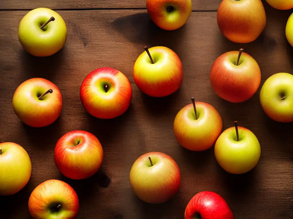 A group of Golden Supreme Apples arranged on a wooden table with a white background