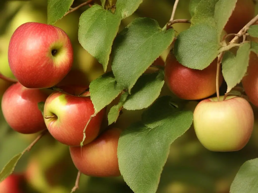 A close-up image of a GoldRush apple with golden skin and a pinkish-red blush on top, showing its firm yellow flesh.