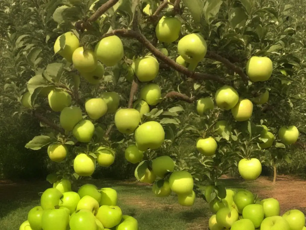 Image of a Golden Delicious apple and a GoldRush apple side by side, demonstrating cross-pollination and diversity in apple varieties