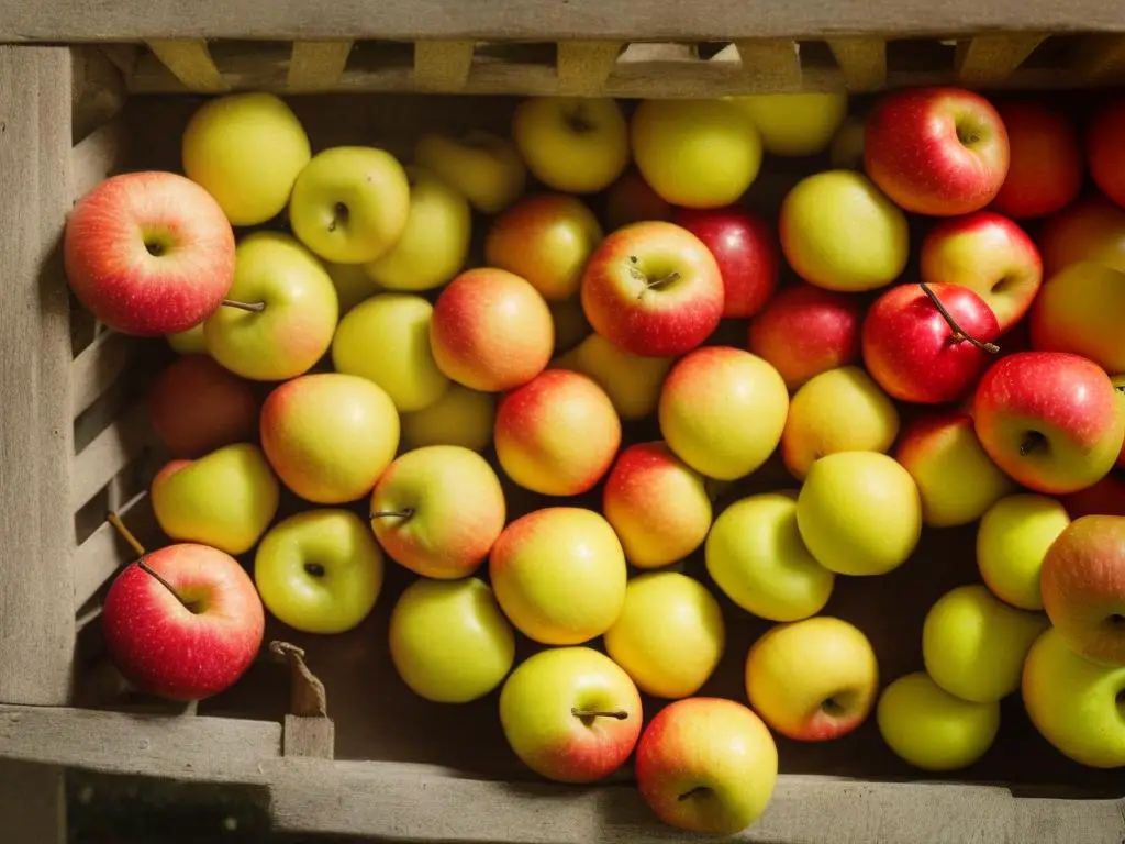 A close-up photo of ripe GoldRush apples in a wooden crate