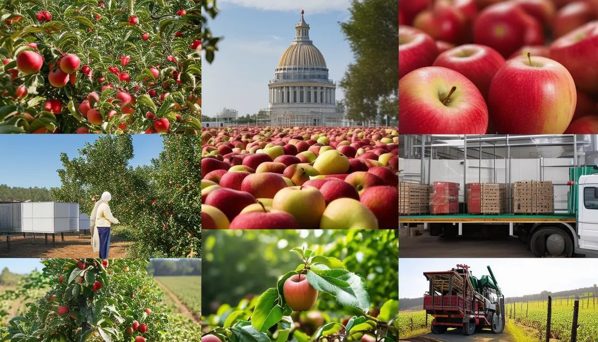 A montage of images representing various government interventions to support apple farmers, including cold storage facilities and scientific equipment