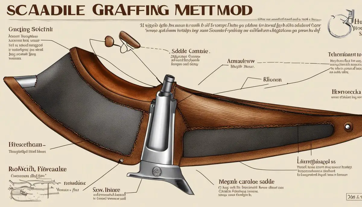 Illustration of the saddle grafting method, showing the cuts made on the rootstock and scion to fit together like a saddle.