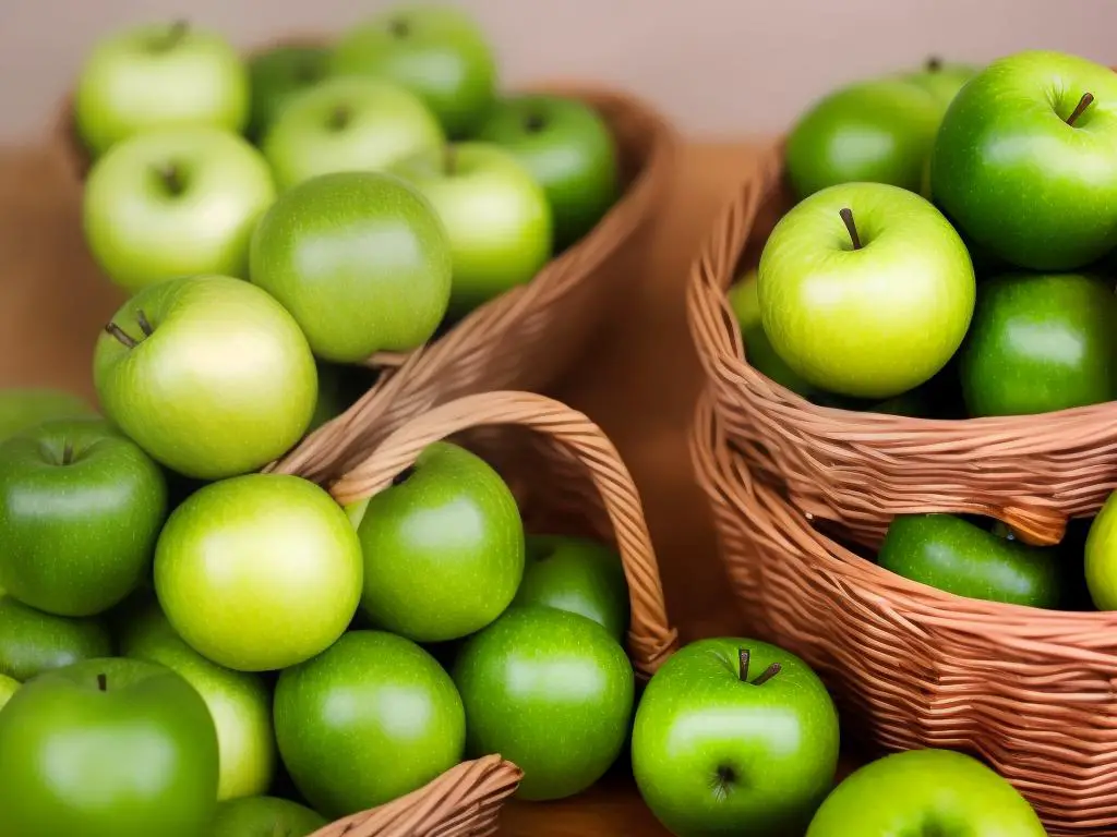 A basket of bright green Granny Smith apples, known for their tartness and versatility in recipes.