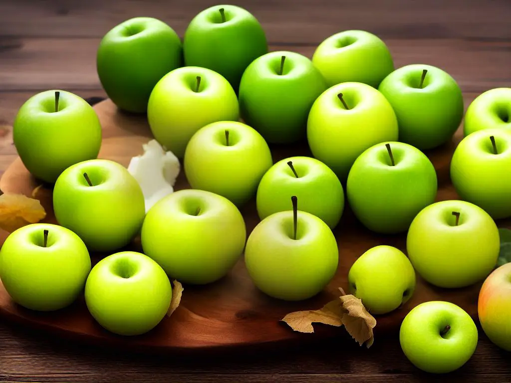 A group of Granny Smith apples with a bowl in the background, showcasing the tart and green coloring of the apples