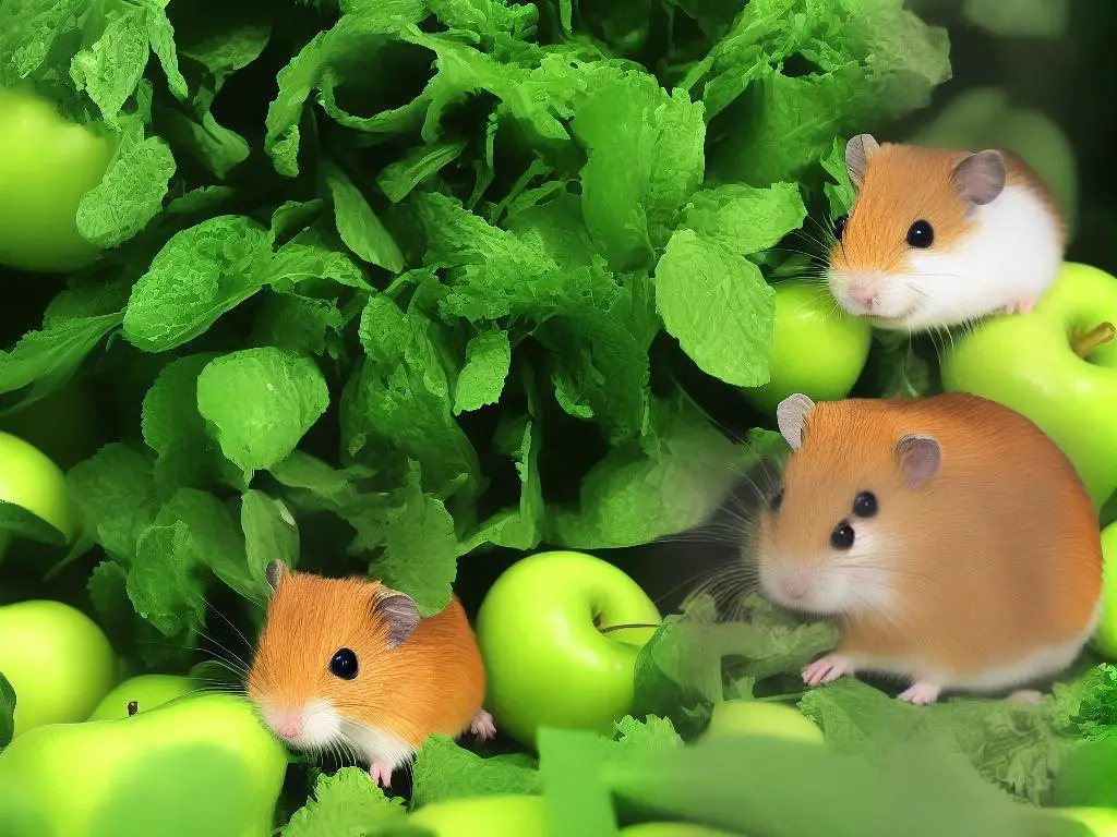 A cartoon of a hamster happily eating a green apple slice.