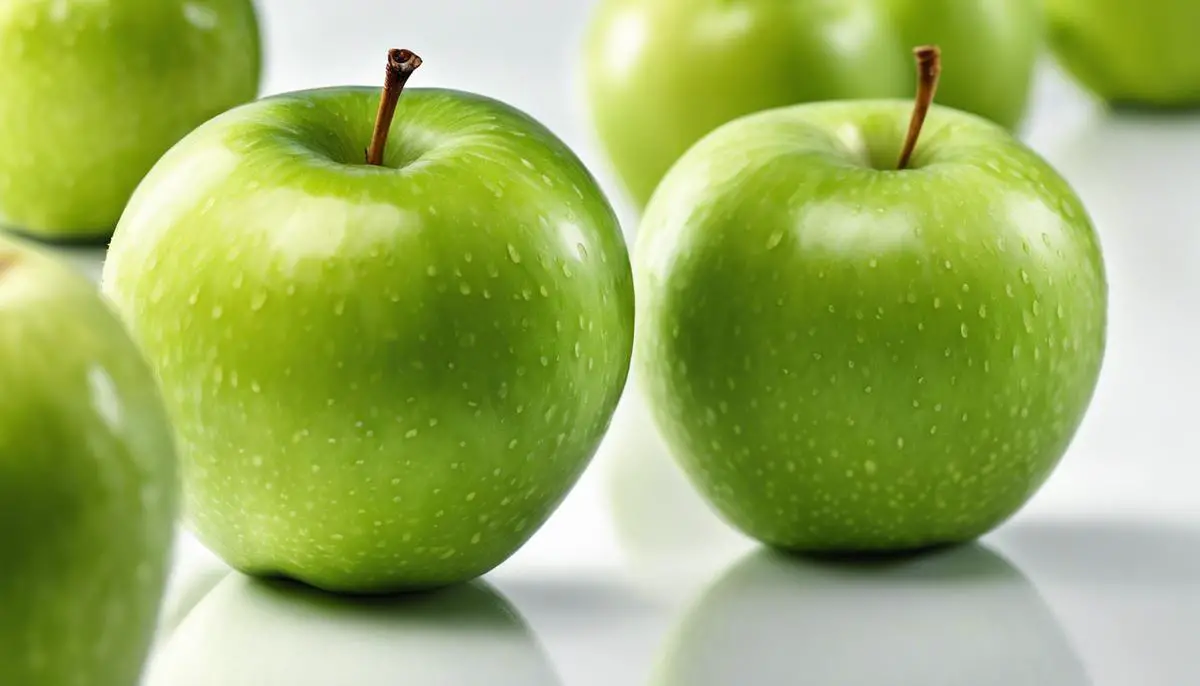 A closeup image of a green apple on a white background