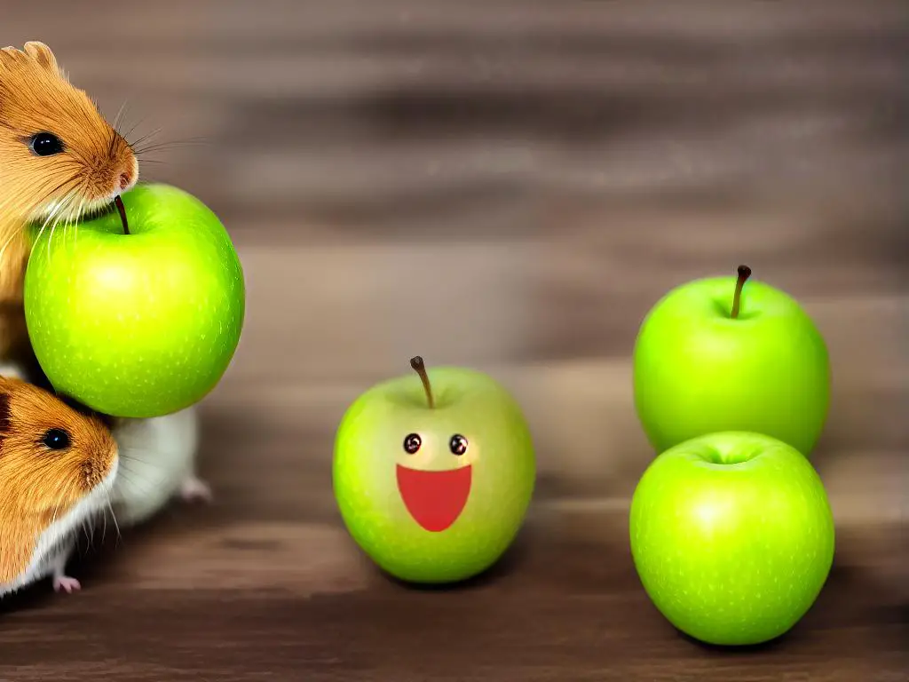 A cartoon image of a green apple with vitamins, minerals and fiber flowing out of it towards a hamster. The hamster is smiling and holding up a paw with a thumbs up.