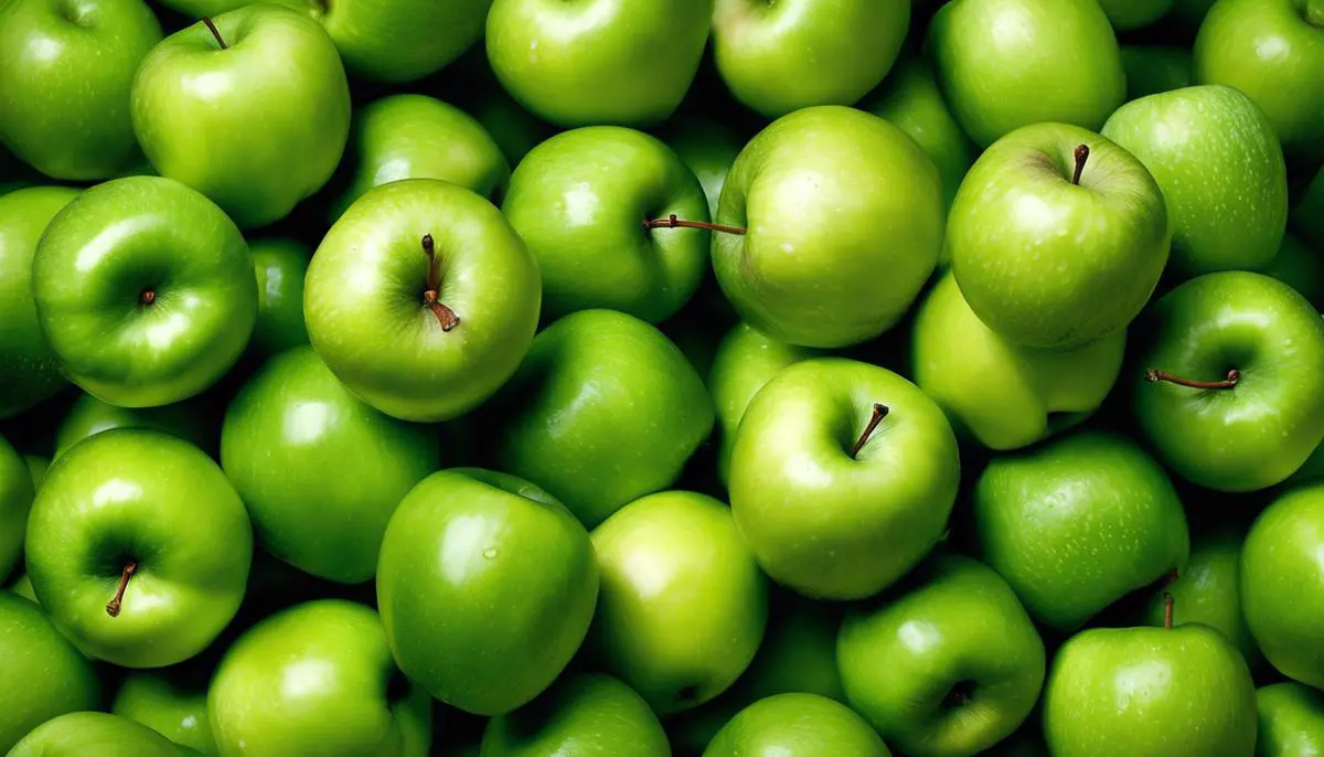 Image description: A pile of green apples, showing their vibrant green color and fresh appearance.
