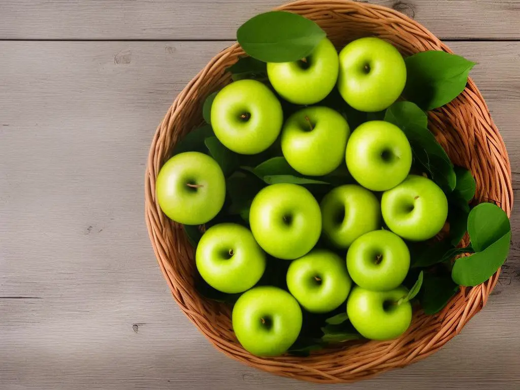 A basket of green apples with green leaves on top of a wooden table