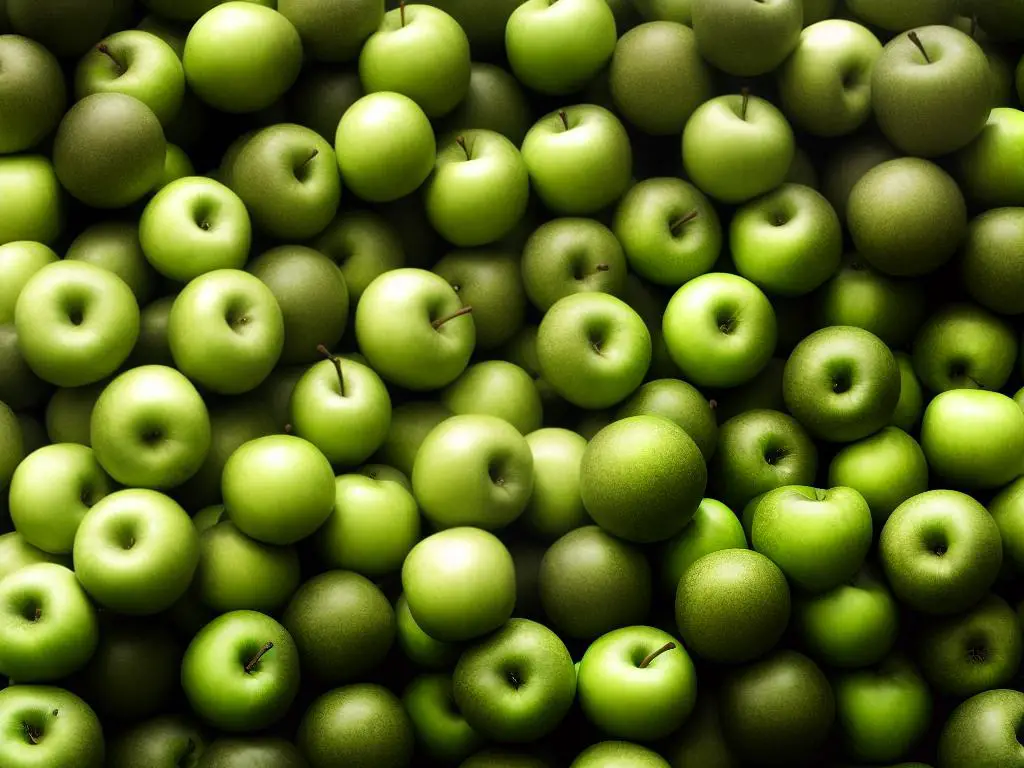 A pile of green apples arranged in a pyramid shape