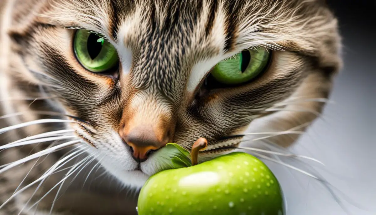 Image depicting a cat sniffing a green apple slice