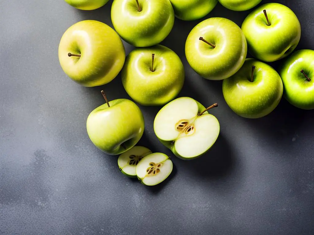 Green apples displayed with a bright green skin, representing their tart-sweet flavor, packed with essential nutrients for various health benefits.