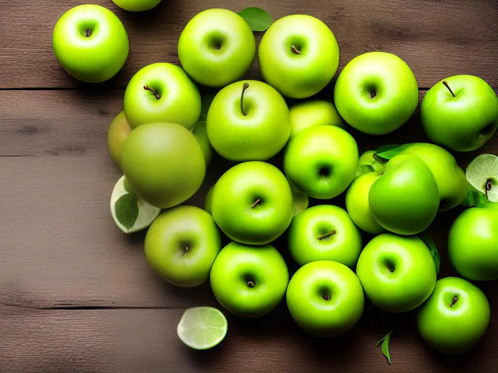 A picture of green apples with various health benefits listed such as vitamins and minerals, dietary fiber, low calorie content, and antioxidants.