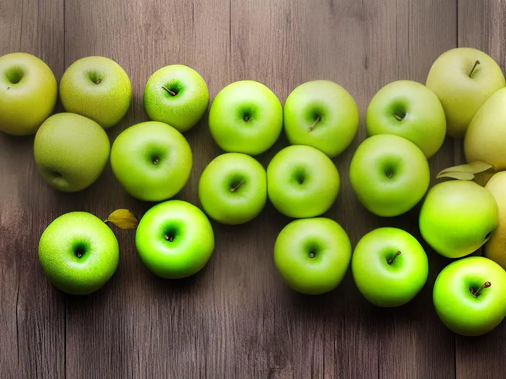 A bunch of green apples standing in a row, suggesting that green apples have extraordinary health benefits like weight loss, boosting metabolism, etc.