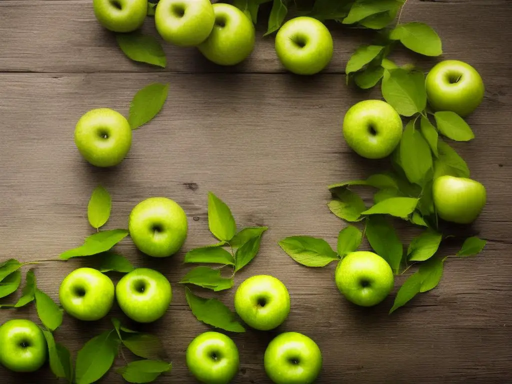 A picture of green apples placed on a wooden table, surrounded by leaves.