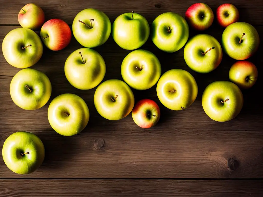 Image of a variety of green apples on a wooden table