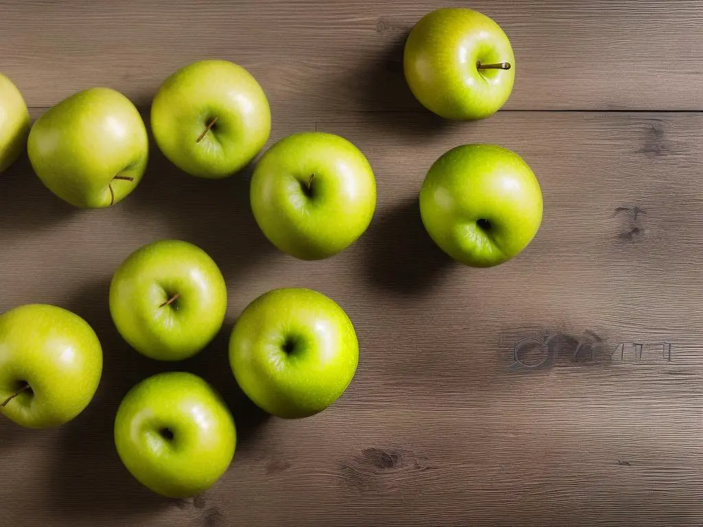 Three green apples of different varieties on a wooden table