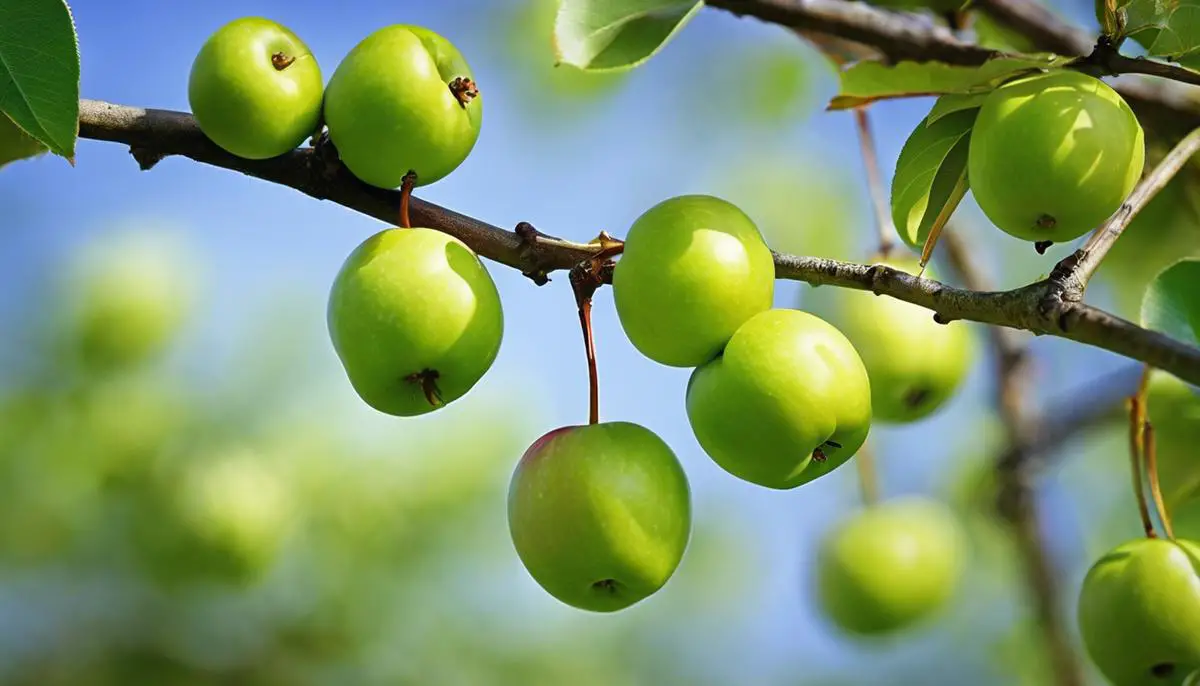 A close-up image of vibrant green crab apples on a branch.
