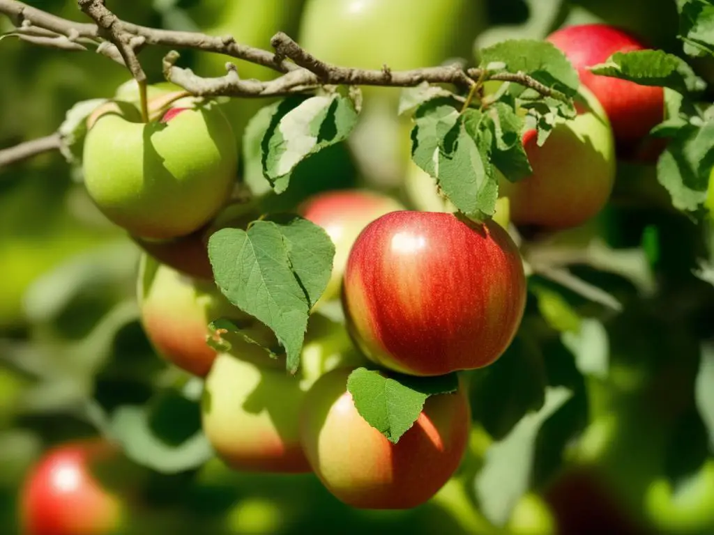 A close-up of a green dragon apple with a yellow-green color and red blush on one side. The apple is on a branch with a few green leaves in the background.