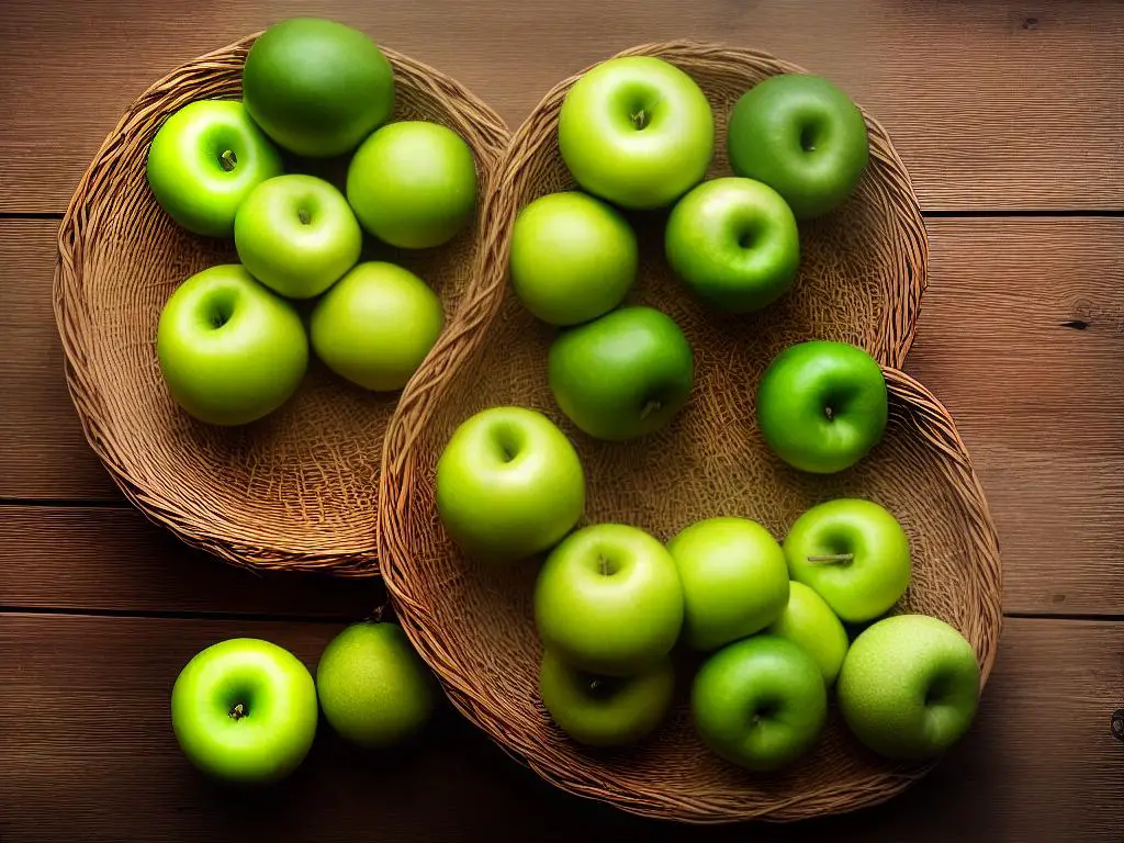 Green Dragon Apples in a wicker basket on a wooden table