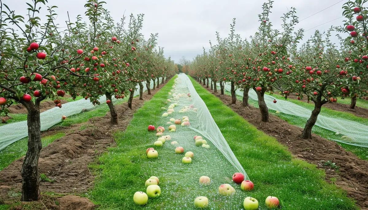 An apple orchard partially covered with protective hail netting, showing contrast between protected and unprotected areas