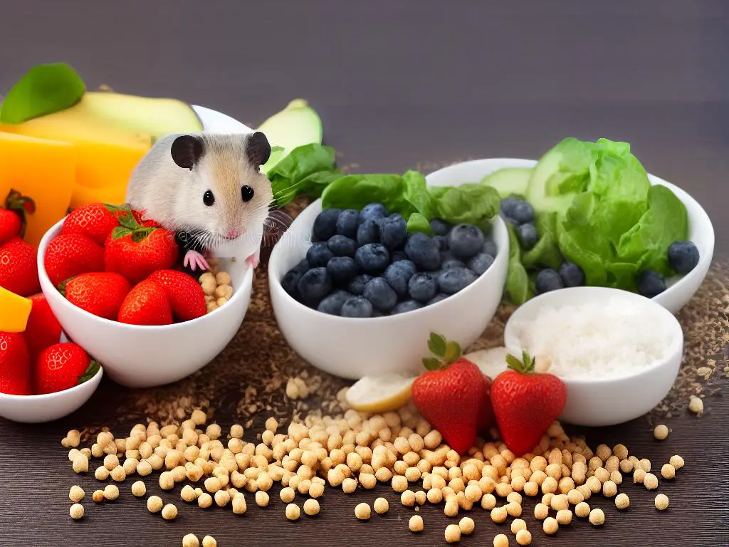 A cartoon hamster eating a bowl of fruits and vegetables beside a bowl of pellets.