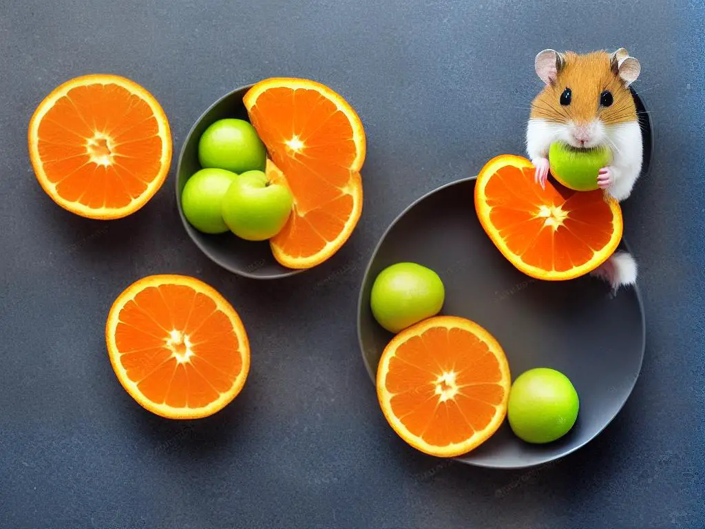 A hamster sitting in an orange bowl eating a small piece of green apple.