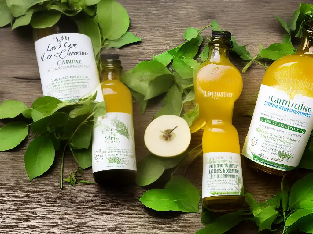 A picture of a bottle of L Carnitine and a bottle of apple cider vinegar placed next to each other on a wooden table with green leaves in the background. The text on the bottles states their names.