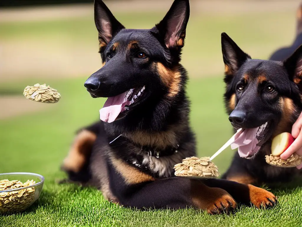 A happy German Shepherd eating an apple-based and oat dog treat.