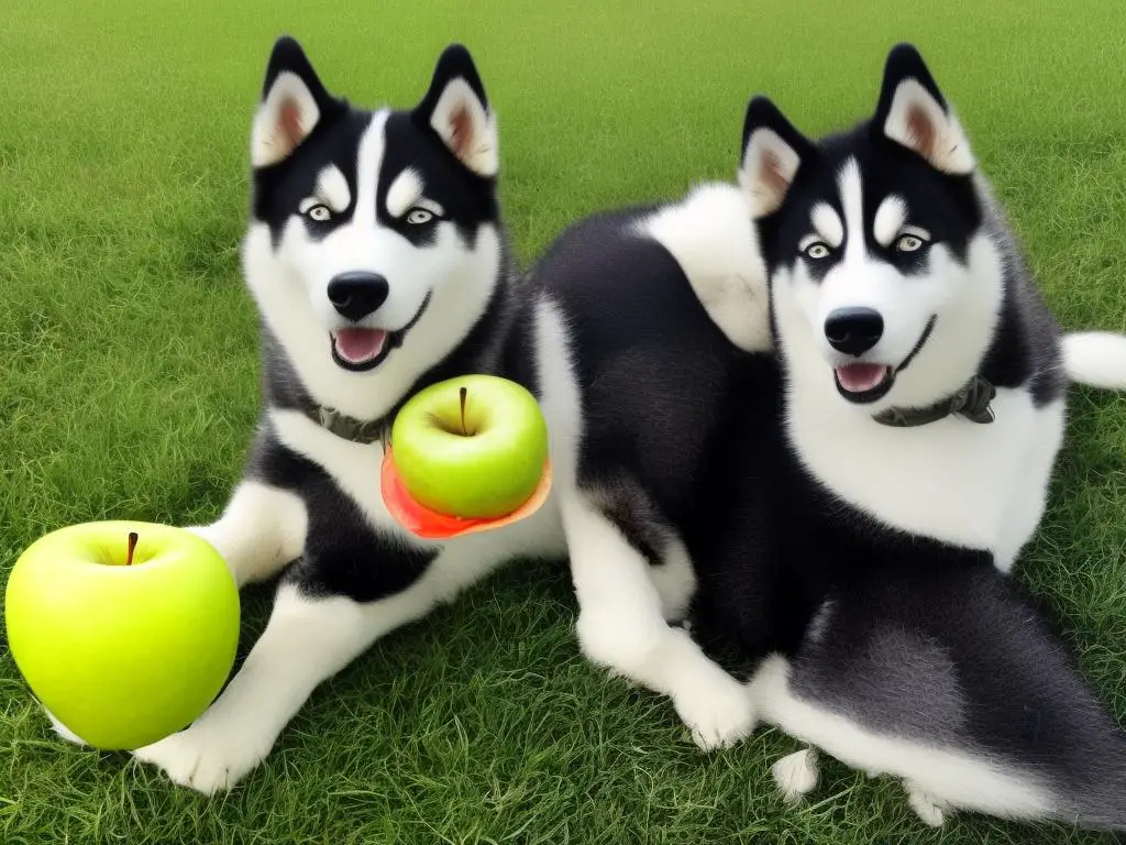 An image of a happy husky holding an apple, with a green checkmark next to it to represent a healthy diet.
