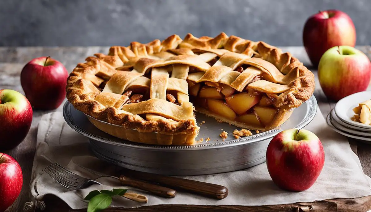 A mouth-watering image of HEB's apple pie, showcasing a golden crust and beautifully arranged apples on top.