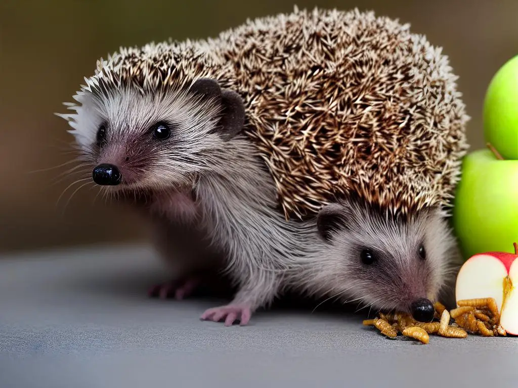 A hedgehog eating a mealworm with a piece of apple next to it