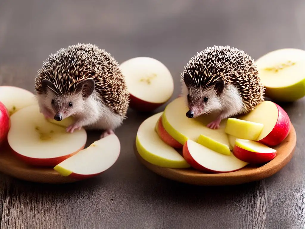 A small hedgehog with spines on its back happily taking a small bite from a sliced apple on a white plate on a wooden table.