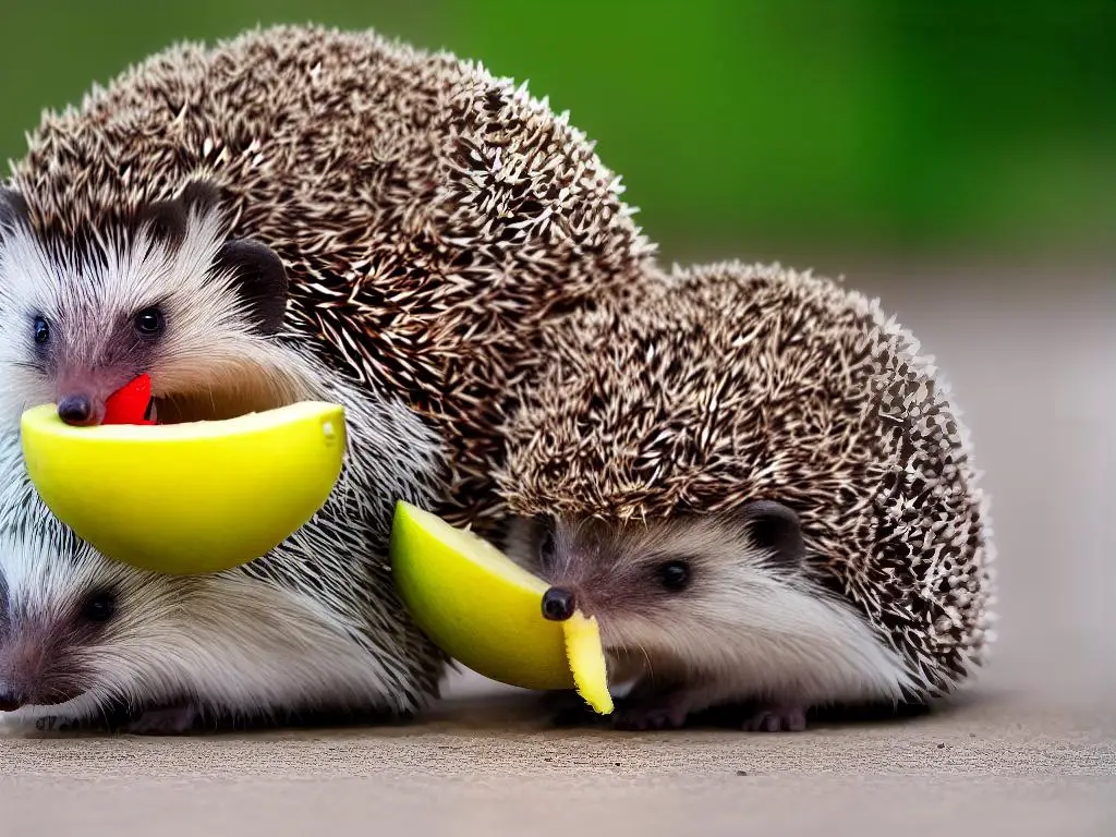 A hedgehog eating a piece of fruit.