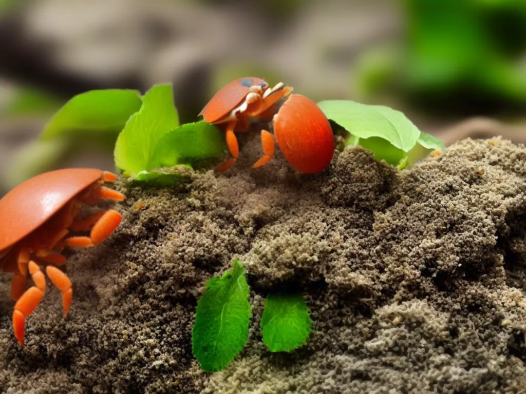 A hermit crab sitting next to a small piece of apple with its claw reaching out to grab it.