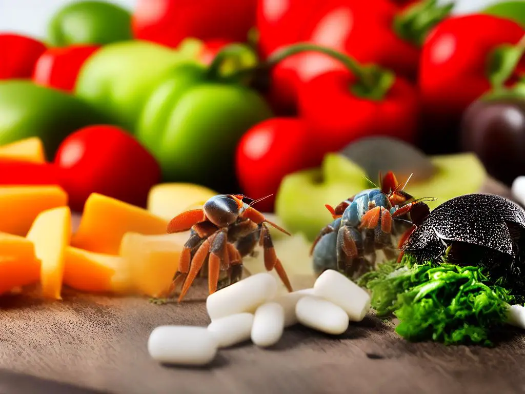 A cute hermit crab happily eating a mix of fruits, vegetables, and supplements that are beneficial for their health and growth.