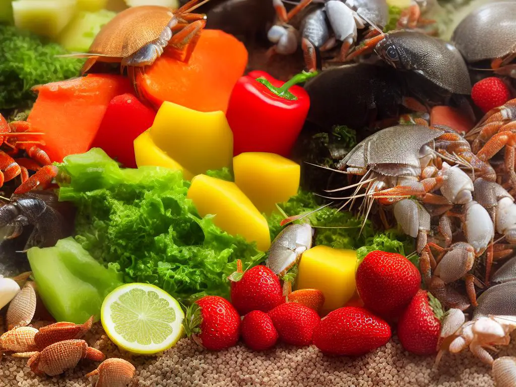 A picture of a hermit crab with fruits, vegetables, fish and insects spread out around it, showing a healthy and balanced diet.