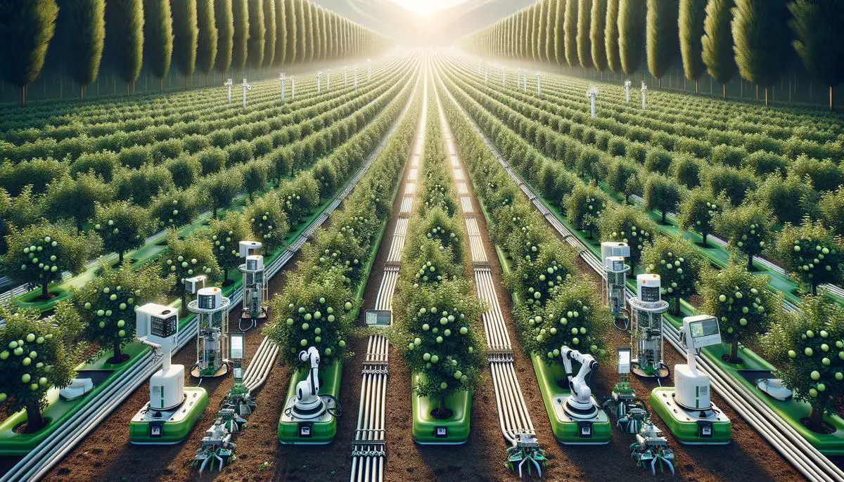 Modern apple orchard with advanced irrigation and monitoring systems