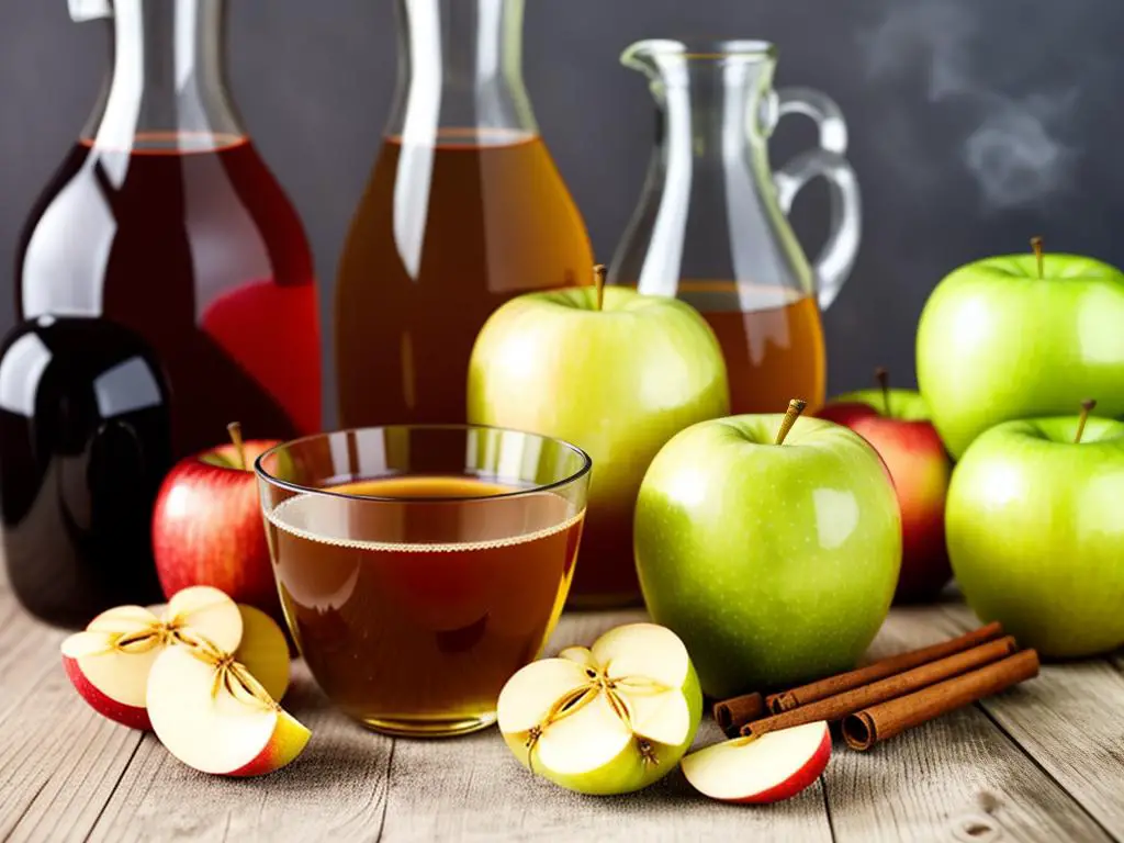 A bottle of homemade apple cider vinegar with a glass of fresh apples and a sieve in the background.