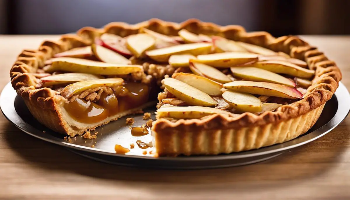Image of a delicious Honey Crisp apple pie, with a golden crust and a slice cut out, ready to be served