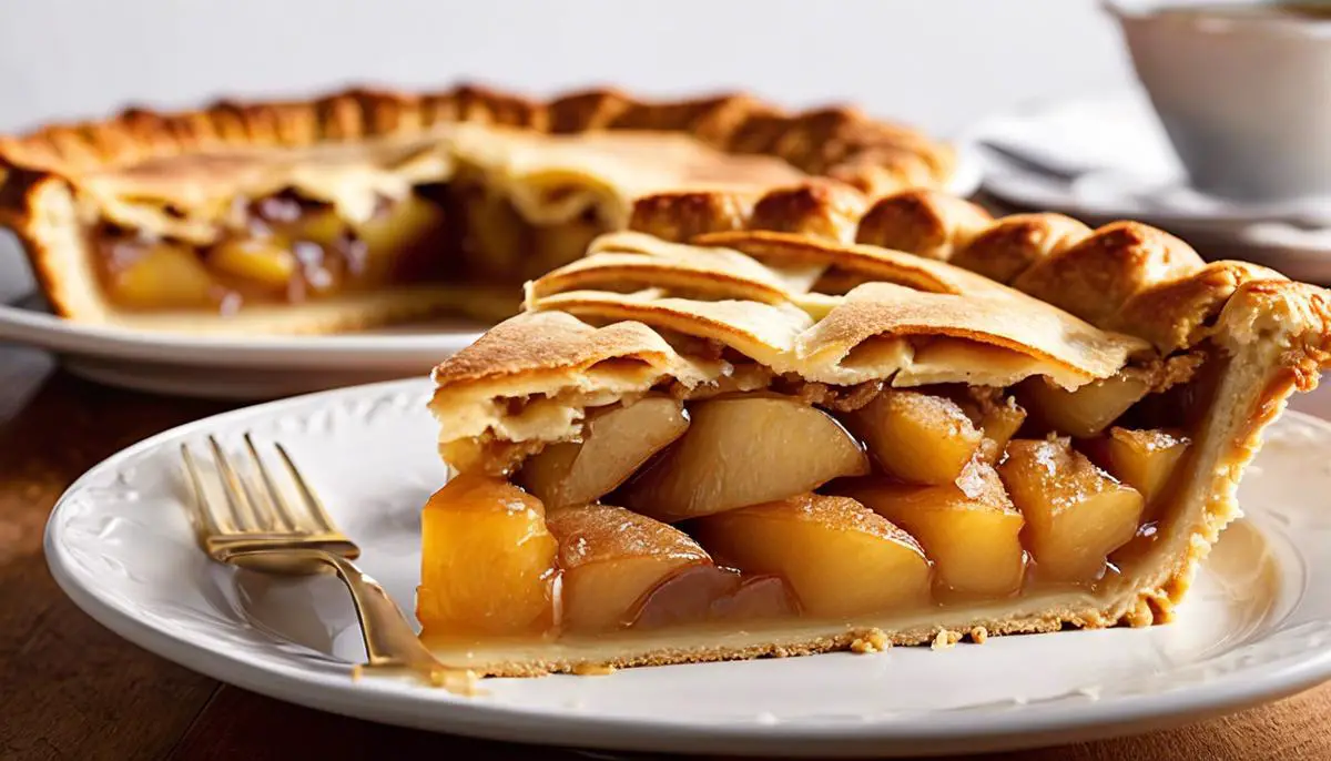 A golden, freshly baked Honey Crisp apple pie, with a flaky crust and a mouth-watering filling of chunky, caramelized Honey Crisp apple slices.