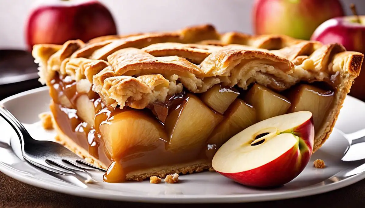 A close-up image of a freshly baked honey crisp apple pie with a golden brown crust and gooey apple filling.