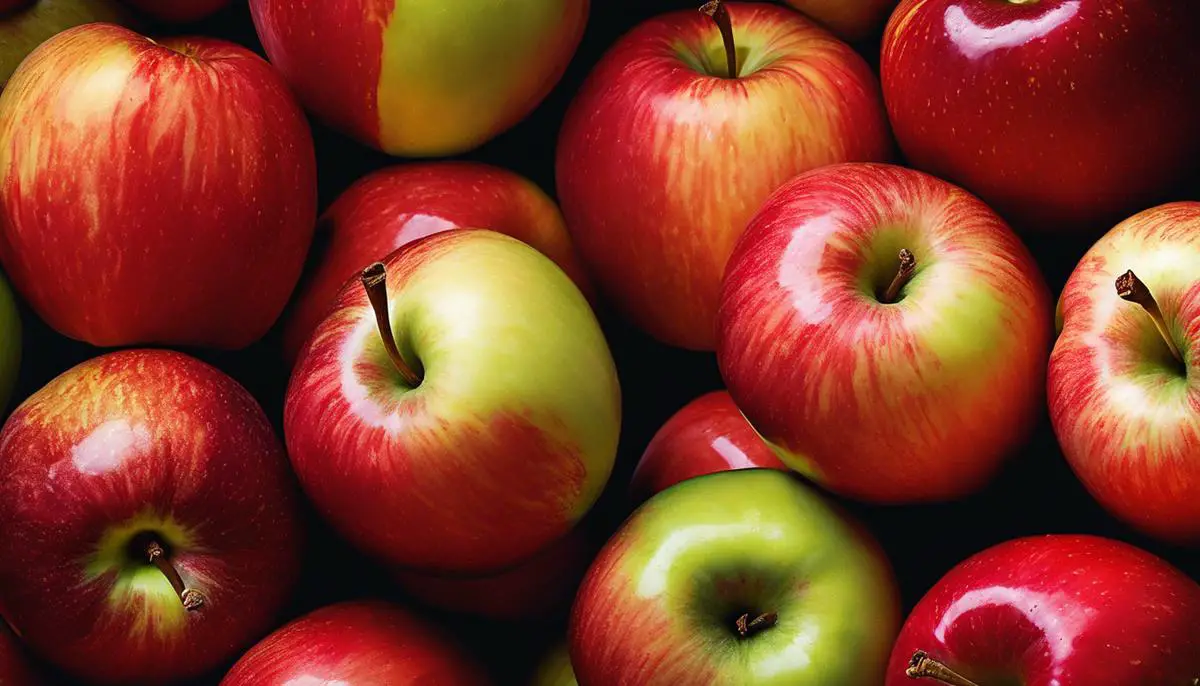 Honeycrisp apples depicted in a photo, showcasing their vibrant colors and enticing appearance.