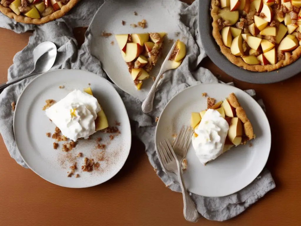 A picture of a baked pie with honeycrisp apples, on a white plate with a dollop of whipped cream and a sprinkle of powdered sugar. Surrounding the plate are fall leaves and a few apple slices.