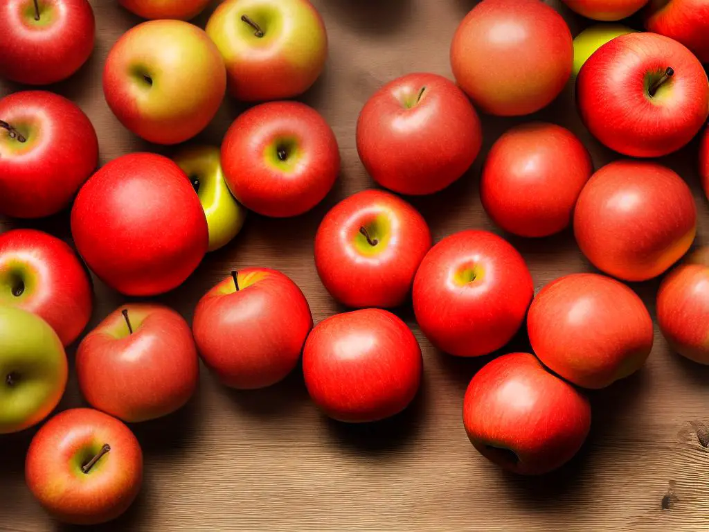 A close-up image of ripe Honeycrisp apples sitting on a wooden table