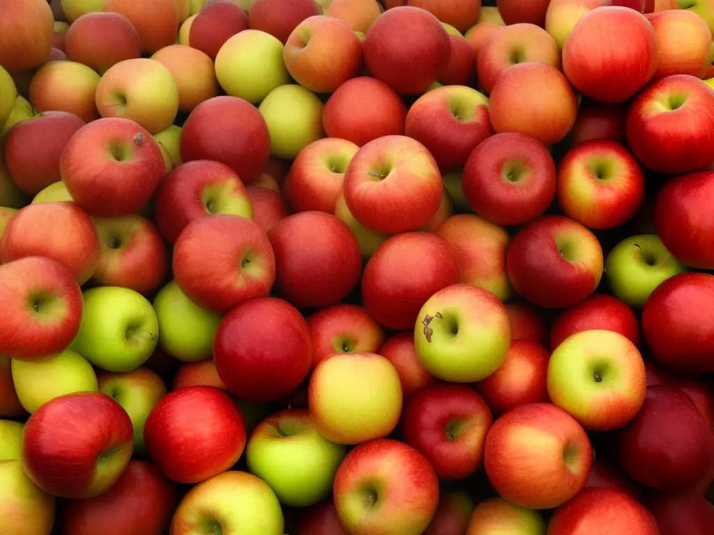 A photo of honeycrisp apples, featuring their red and green hues and distinctive shape.